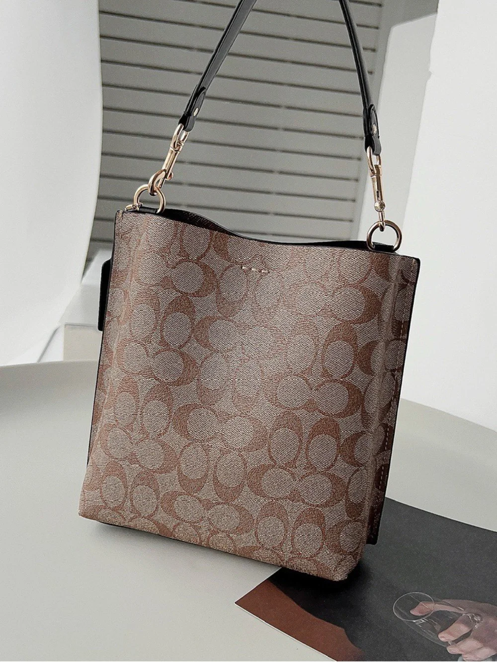Coach Khaki/Brown Signature Canvas Bucket Crossbody